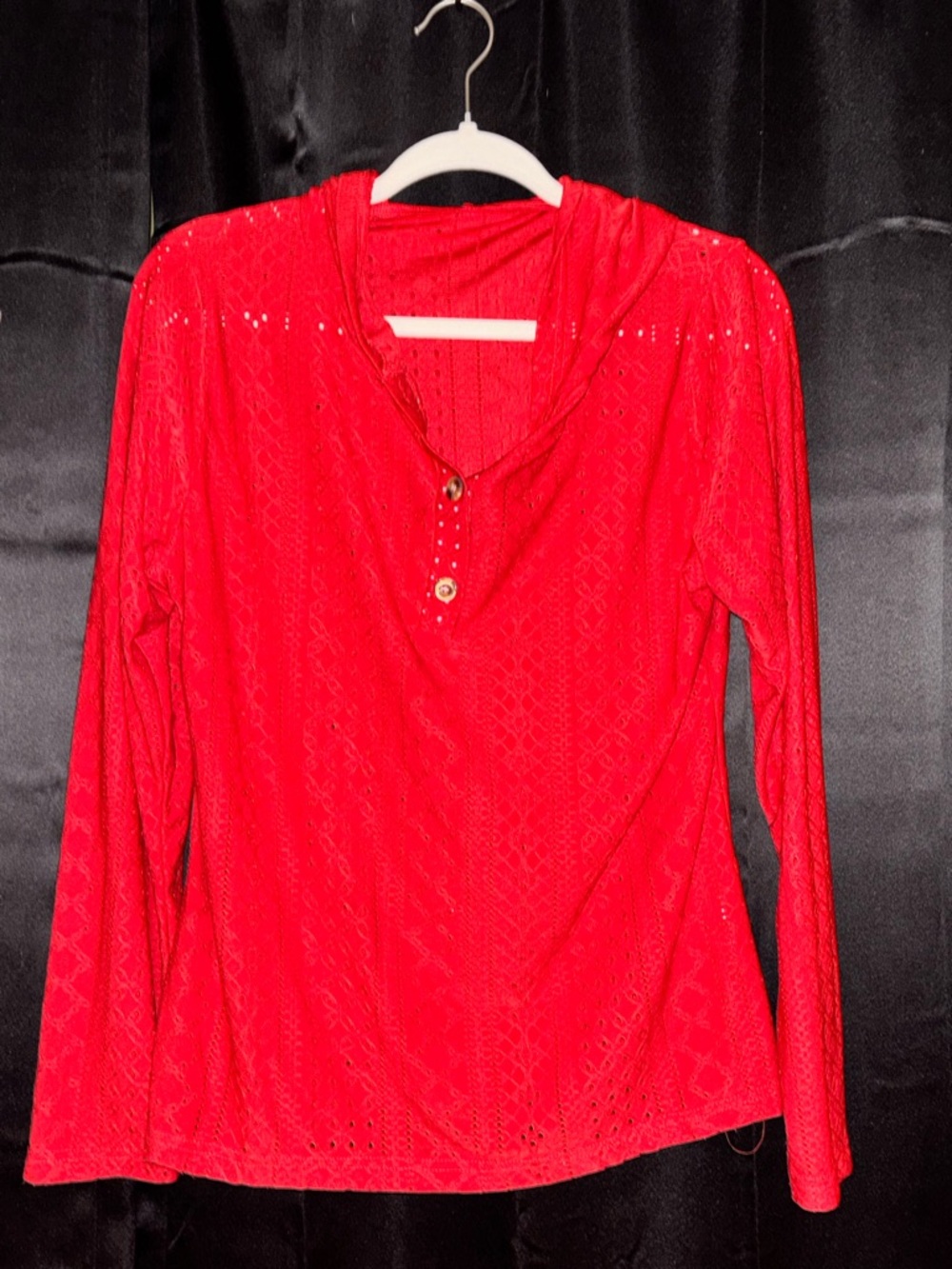Women's Red Long-Sleeve Henley Top with Subtle Eyelet Details